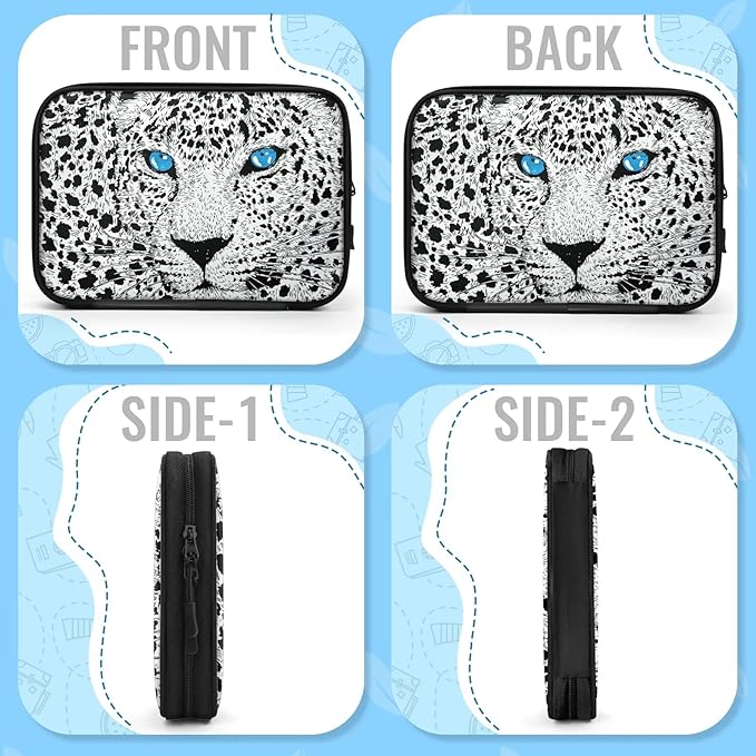 White Tiger Leopard Travel Cable Organizer Pouch Blue Eyes Electronics Accessories Carry Case Portable Water Resistant Storage Bag for Cord Charger Phone Earphone SD Card