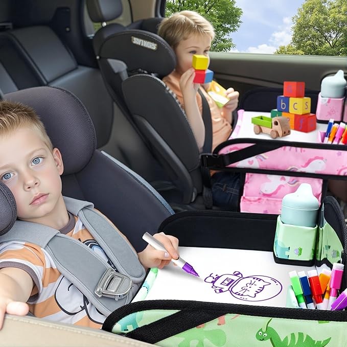WENRENER 2PCS Kids Travel Tray, Car Seat Tray for kids Travel, Toddler Road Trip Essentials With Drawing Kit, Toddler Lap Desk Organizer for Car, Carseat Table for Airplane