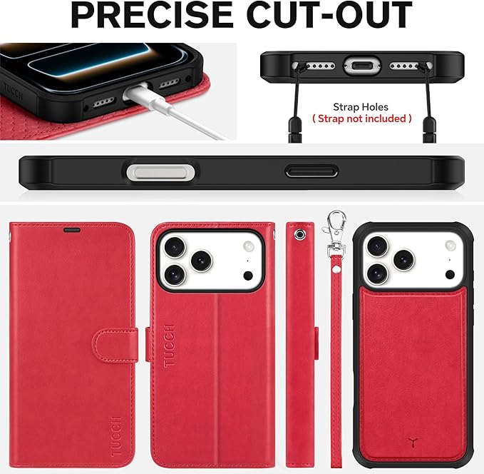 TUCCH 2-in-1 Removable Case Wallet for iPhone 17 Pro Max (6.9") 2025, Detachable Wrist Strap, 4 Card Holders RFID Blocking, Wireless Charging, Stand, Magnetic, PU Leather, Shockproof Folio Cover, Red