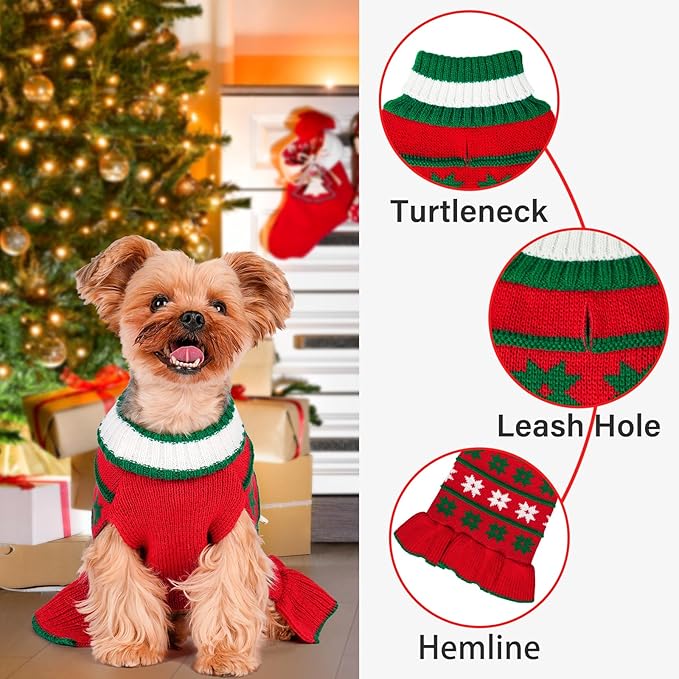 KYEESE Dog Christmas Sweater Warm Dog Sweater for Small Dogs with Leash Hole Knit Dogs Clothes Pet Coats Turtleneck Pet Sweater Dress with Snowflake Pattern, Red, Small