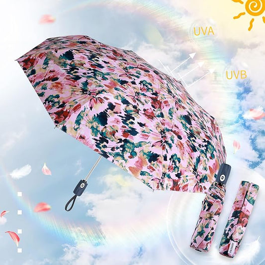 FDJASGY UV Sun Umbrella Compact Folding Travel Umbrella Auto Open Close Compact Folding Rain Umbrellas for Women Men Blocking UV 99.98%