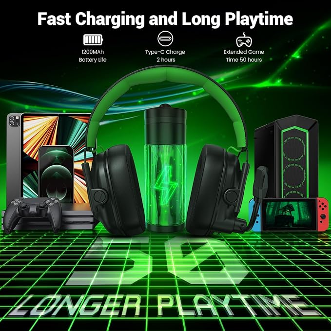 Wireless Gaming Headset with Noise Canceling Microphone for PC, PS5, PS4, Switch, Mac, 2.4 GHz Wireless & Bluetooth 5.4 Gaming Headphones, Cool RGB Lighting, 50Hr Battery, 50mm Drivers(Deep Green)