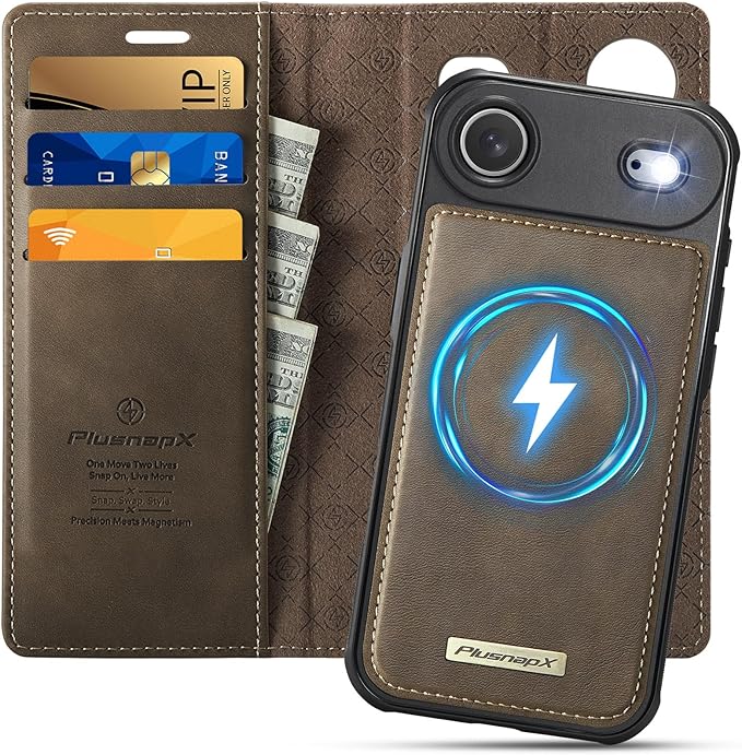 PlusnapX Wallet Case for iPhone Air Compatible with Magsafe, 2-in-1 PU Leather Flip RFID Blocking Card Holder Stand ShockAirof Magnetic Detachable Cover for iPhone 17 Air Case 6.5", Brown