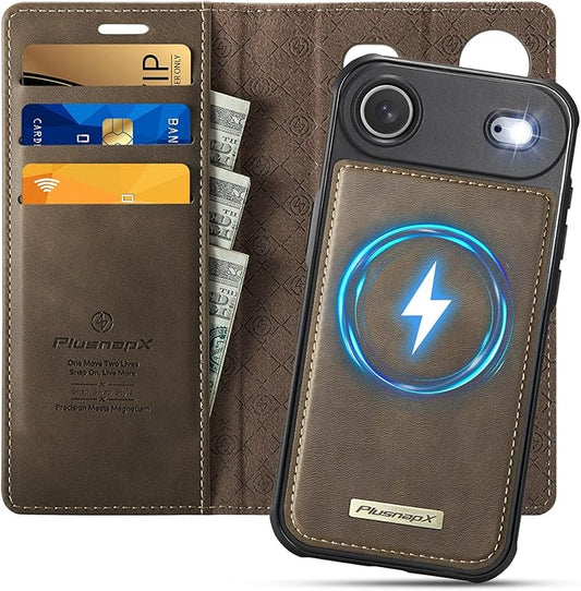 PlusnapX Wallet Case for iPhone Air Compatible with Magsafe, 2-in-1 PU Leather Flip RFID Blocking Card Holder Stand ShockAirof Magnetic Detachable Cover for iPhone 17 Air Case 6.5", Brown