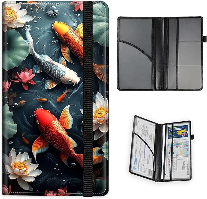 Car Registration and Insurance Holder PU Leather Vehicle Insurance and Registration Holders Wallet Case with Elastic Band Closure for ID Card, Driving Licence, Koi Fish and Lotus