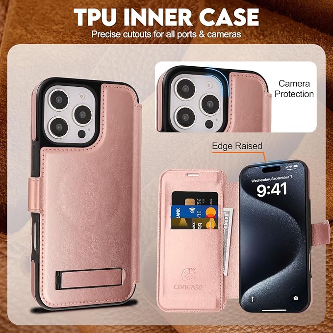 CIVICASE for iPhone 16 Pro Wallet Case with Stand,PU Leather Flip Credit Card Holder Slots (RFID Blocking),Compatible with Magsafe Magnetic Holder Phone Cover Women Men,Rose Gold