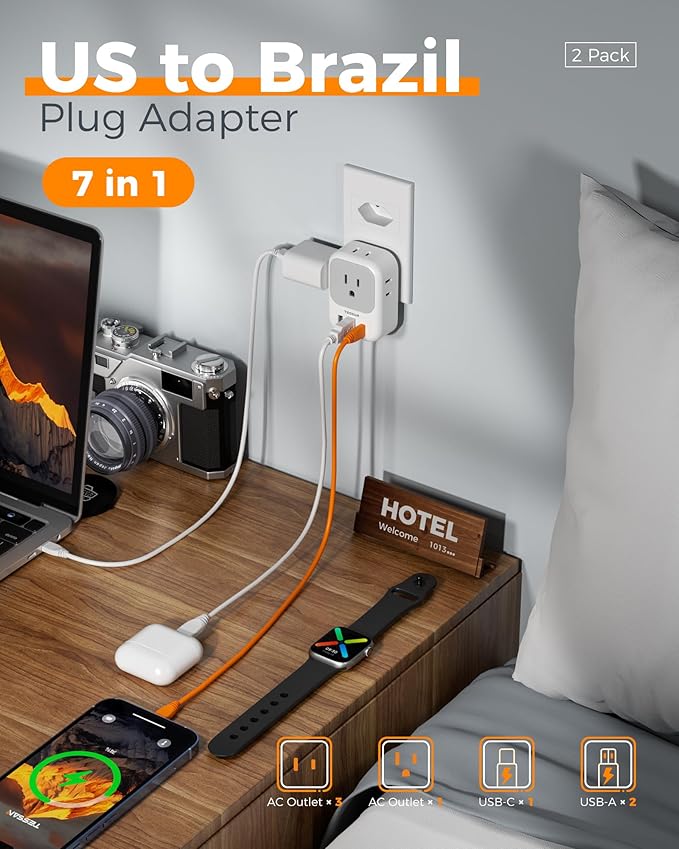 TESSAN Brazil Plug Adapter 2 Pack, 7 in 1 US to Brazil Power Adapter with 3 USB Ports (1 USB-C Port) 4 American Outlets, Type N Travel Adaptor for USA to Brazilian