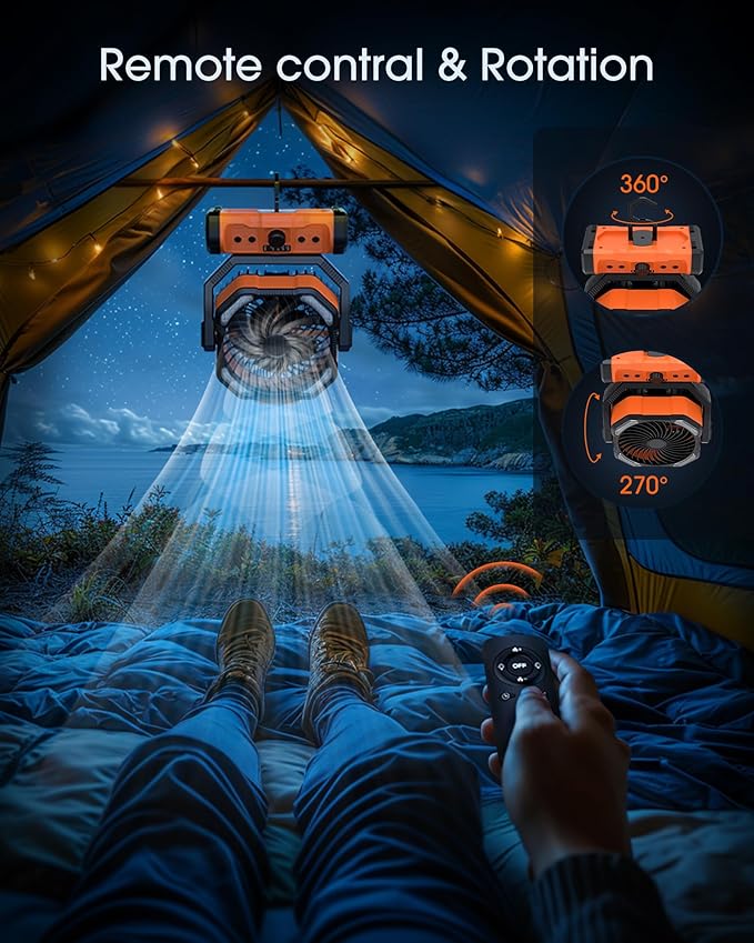 Portable Rechargeable Camping Fan - 20000mAh Cordless Battery Powered Tent Fans with LED Lantern, Remote Auto Oscillating USB C Table Operated Ventilador for Travel Outdoor Beach