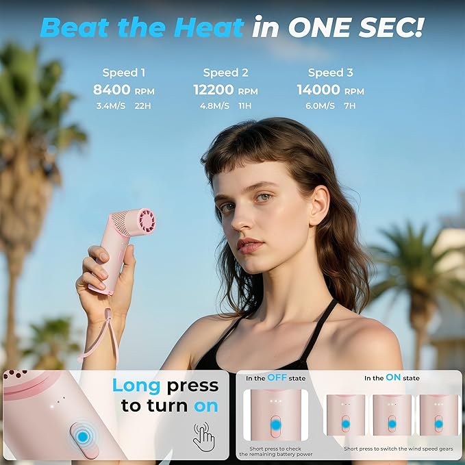 COMLIFE Portable Handheld Turbo Fan with Rotatable Head, 22H Run Time, 14000RPM High Speed Motor, 3 Speeds & Metal Tube Body, Mini Yet Powerful Pocket Rechargeable for Travel Outdoor Beach-Pink