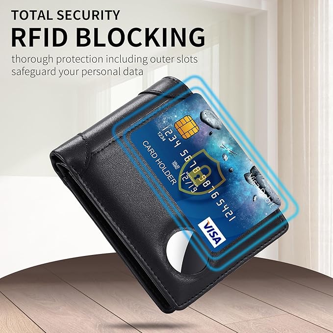 Swallowmall AirTag Wallet Mens RFID Blocking Genuine Leather Bifold Men's Wallet For air tag with 2 ID Window 10 Card Holders Removable Card Slot Black(Airtag Not included)