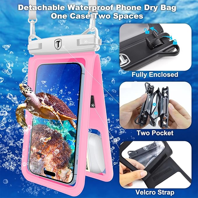 [2-Pack] Tekcoo Double Space Detachable Waterproof Phone Case IPX8 Pouch Lanyard Dry Bag for iPhone 17/16/15/14/13/12/Pro Max/Air/Pro, Galaxy S25 Ultra/Plus/S24/S23/S22/S21/FE/A17/A16/A15 up to 7"