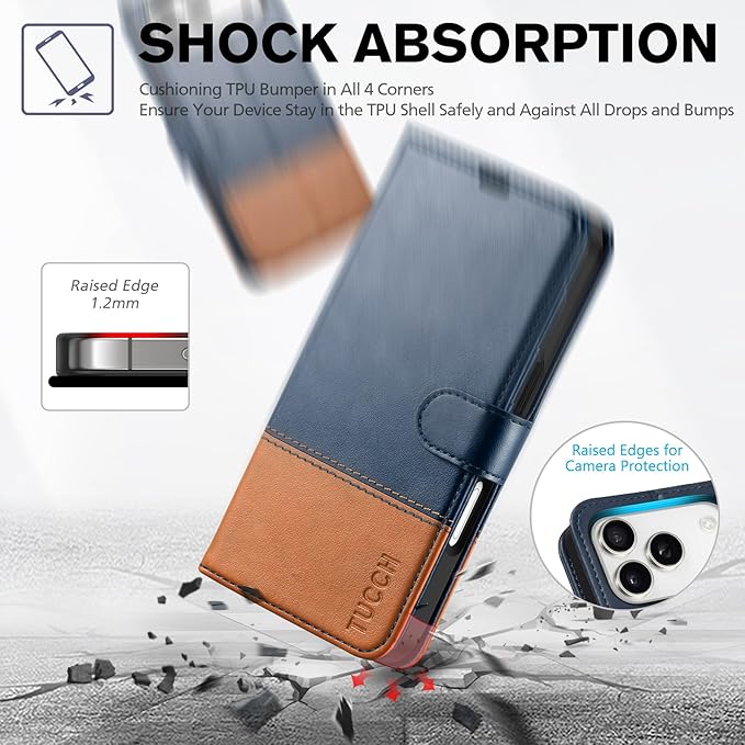 TUCCH Wallet Case for iPhone 17 Pro (6.3") 2025, 4 Card Holders, RFID Blocking, Stand, Shockproof TPU Shell, PU Leather, Magnetic Closure, Protective Flip Folio Cover, Blue & Brown