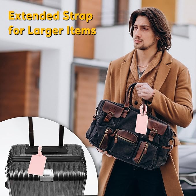 Travelambo Luggage Tags for Suitcases Faux Leather Privacy Protection 2 Pack Bag Tags Travel Accessories Essential, Light Pink