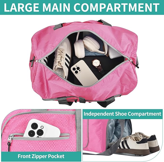 Dimayar Travel Duffle Bag for Men Women - Foldable Duffel Bag with Shoes Compartment - Overnight Bags Waterproof & Tear Resistant(65L,Pink)