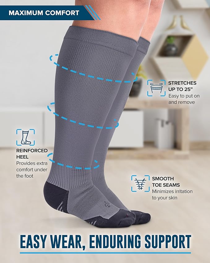 Doctor's Select 3 Pairs Plus Size Compression Socks Wide Calf - Up to 6XL | 20-30 mmHg Compression Socks for Women Wide Calf Soreness Support | Black, Gray, Navy