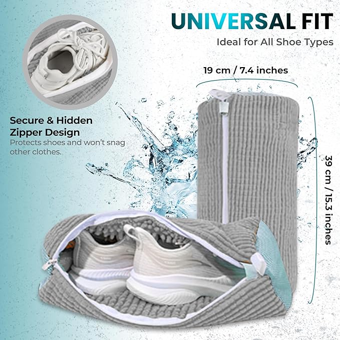 XXL Shoe Washing Machine Bag - 2 Pcs Set - 360° Resuable Shoe Bag for Washing Machine and Dryer - Wrap Shoe Washing Bag for Sneakers, Boots & Delicate Footwear (Grey)