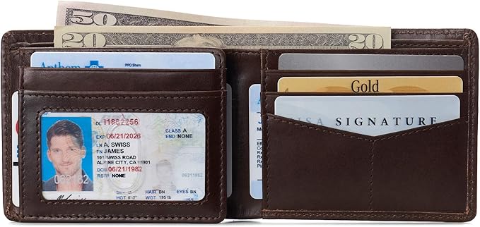 Alpine Swiss Mens Wallet for Men | RFID Protected Leather Mens Wallet | Spencer Bifold with Divided Bill Section | Gift Box | 2 ID Windows | 14 Card & Storage Pockets for Organization