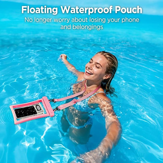 CACOE [Floatable Floating Universal IPX8 Waterproof Phone case 2 Pack-Up to 10.0",Adjustable Lanyard Phone Pouch,Cellphone Dry Bags for Vacation Beach Pool Kayak Cruise Travel Essentials（Black+Pink）