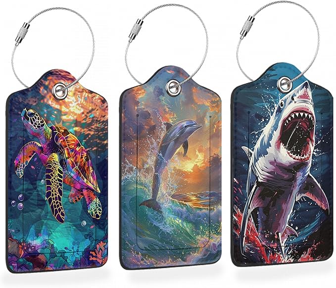 Colorful Turtle Shark 3 Pack PU Leahter Luggage Tag with Stainless Steel Loop, Cute Dolphin Jumping Sunset Travel Suitcase Labels with Privacy Cover ID Label Quickly Spot for Bags