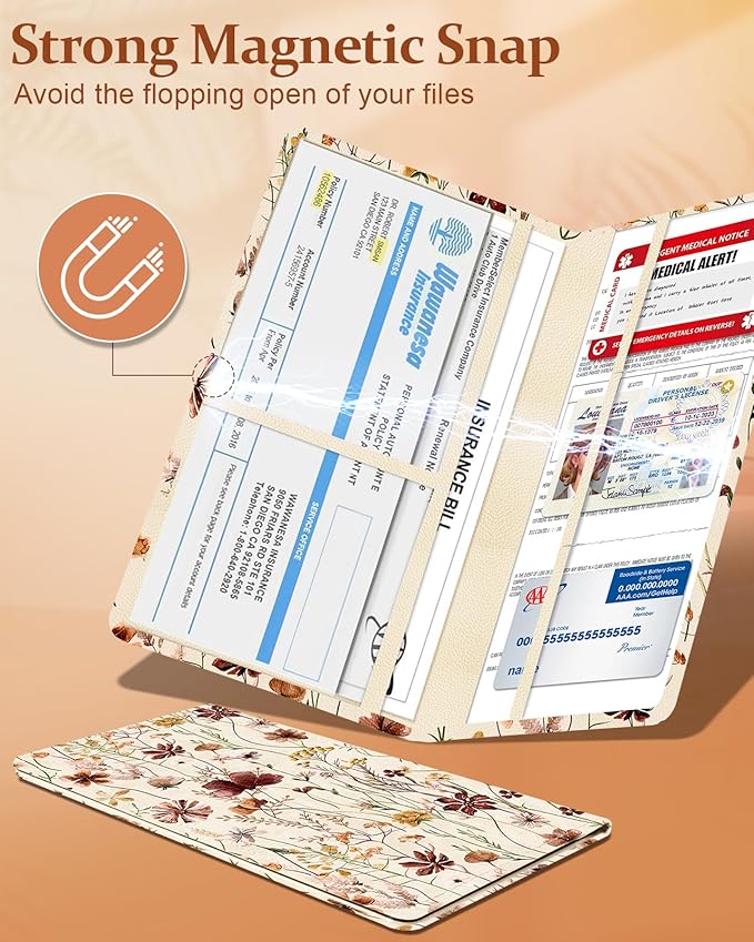 Slohif Car Registration and Insurance Card Holder with Magnetic Shut - Vehicle Glove Box Organizer Women Leather Automobile License Holders Coasters Auto Accessories Case for Document,Vintage Flower