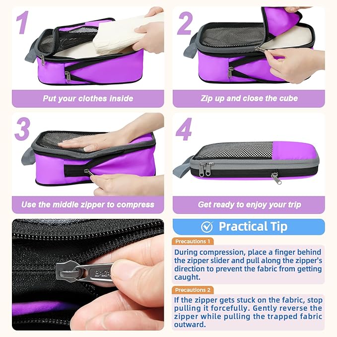 BAGAIL 4 Set/6 Set/8 Set Compression Packing Cubes Travel Accessories Expandable Packing Organizers(Purple HalfMesh 6 Set)