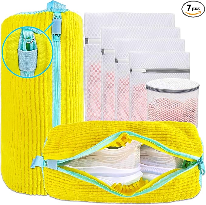 XXL Shoe Washing Machine Bag - 2 Reusable Shoes Cleaning Bags for Washer And Dryer, Durable Zipper Laundry Shoe Bag 360° Deep Clean Sneaker Tennis Include Mesh Wash Bags & Bra Laundry Bags (Yellow)