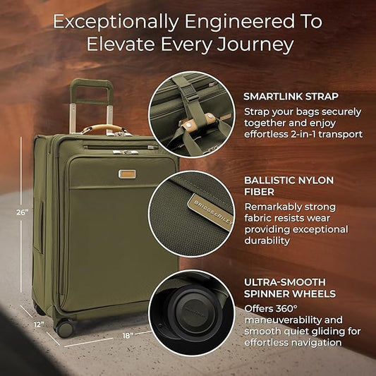 Briggs & Riley 26" Medium Expandable Spinner - Checked Luggage for Travel, Suitcases with Wheels, Softside Rolling Bag for Men & Women, Self-Repairing Zipper - Baseline Collection, Olive