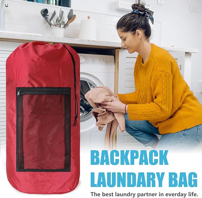 Portable Laundry Bag Backpack with Adjustable Straps, Drawstring Closure & Mesh Pocket - Perfect for College, Apartments, Camping (Red)