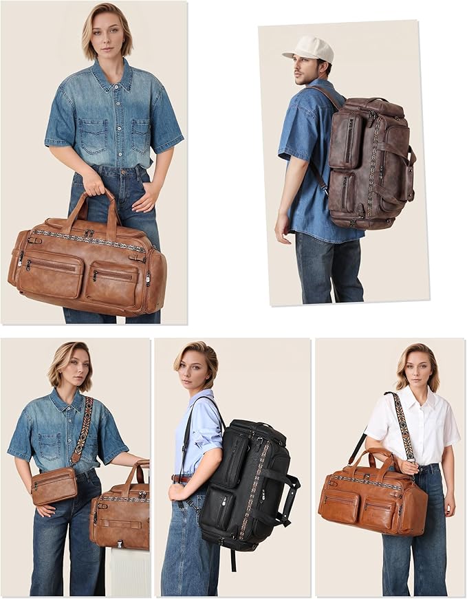 FADEON Duffle Bag for Women, Large Convertible Carry on Overnight Backpack, Designer Leather Mens Weekend Bags for Travel