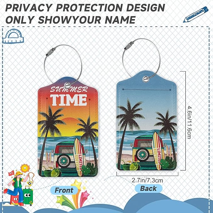 Retro Bus Luggage Tags for Suitcases,2 Pack Surfboard Palm Luggage Tag,Leather Stainless Steel Loop Label Tag for Women Men Girls Travel Bag Suitcase