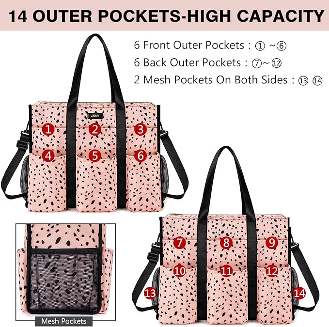 IBFUN Utility Tote Bag with 14/24 Pockets Zip Top Teacher Tote Bag for Teacher/Work Women