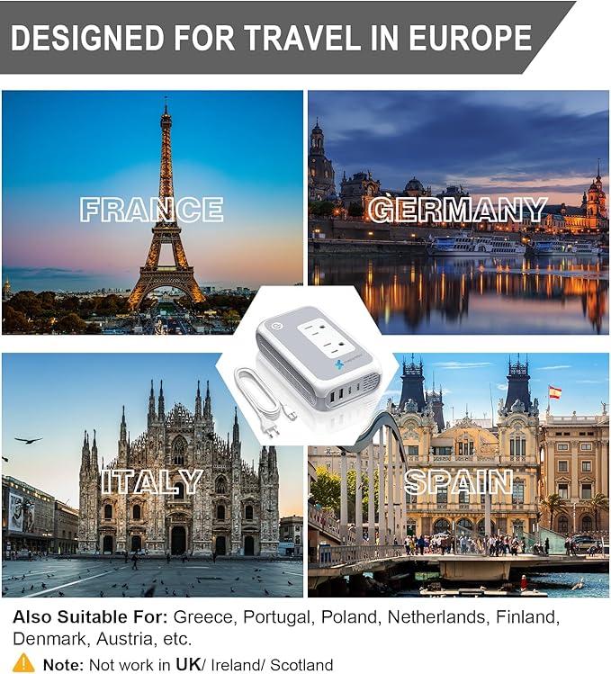 220V to 110V Voltage Converter, Mapambo 250W European Converter, Step Down Voltage Converter US to Europe, Travel Converter for Curling Iron, Straightener – 2 AC Sockets with 2 USB A & 2 USB C Ports