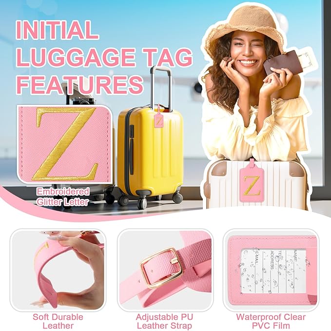 Personalized Initial Luggage Tags for Suitcase, Pink Leather Cute Luggage Tags with Privacy Cover Name Card, Embroidered Custom Monogrammed Luggage Tag Travel Bag Baggage Tags Gifts for Women Kids(Z)