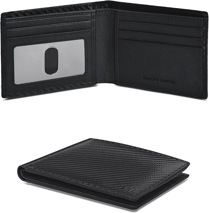 Oak Leathers Slim Leather Wallet for Men - RFID Blocking Slim Minimalist Front Pocket - Thin & Stylish with ID Window, Gift For Men (Small,01Black Carbon Fibre)