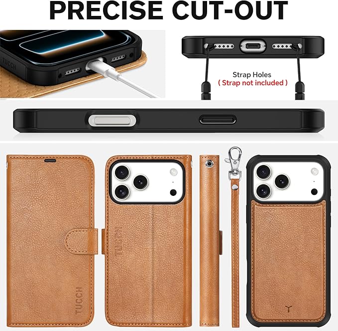 TUCCH Compatible with iPhone 17 Pro Max Detachable Wallet Case with 4 Card Holder, Wireless Charging PU Leather Flip Folio with RFID Blocking Stand Wrist Strap Shockproof Cover, Textured Light Brown