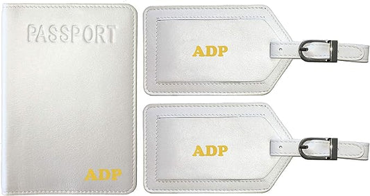 Personalized Monogrammed White Leather RFID Passport Cover Holder and 2 Luggage Tags