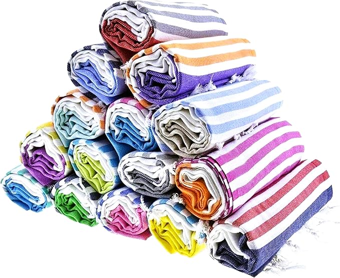 HAVLULAND Turkish Beach Towel, Bath Towels, Oversized 72"X40", Quick-Dry, Absorbent, Lightweight, Compact, Sand-Resistant, Travel-Friendly, 100% Cotton, Cabana Striped Soft Pool Towels - Pack of 6 -