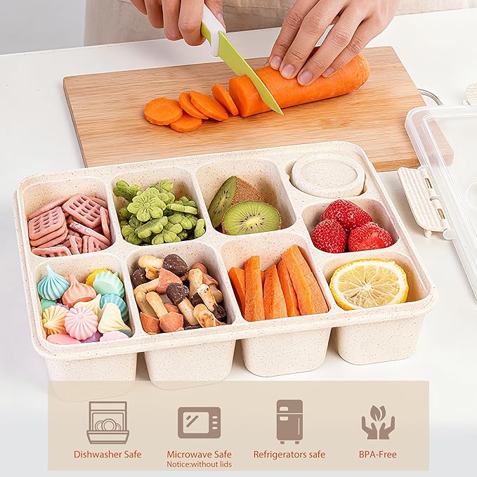 Wheat Straw Snackle Box Container,Dishwasher Safe-9 Compartment Divided Serving Tray with Lid and Handle, Built-in Dip Containers,BPA-Free,White