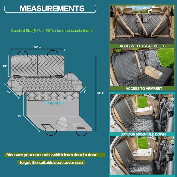 Car Dogs All Covered Back Seat Cover with Mesh Window, Bench and Hammock Combination Detachable Pet Seat Cover Suitable for Most Vehicles (Grey, Standard)