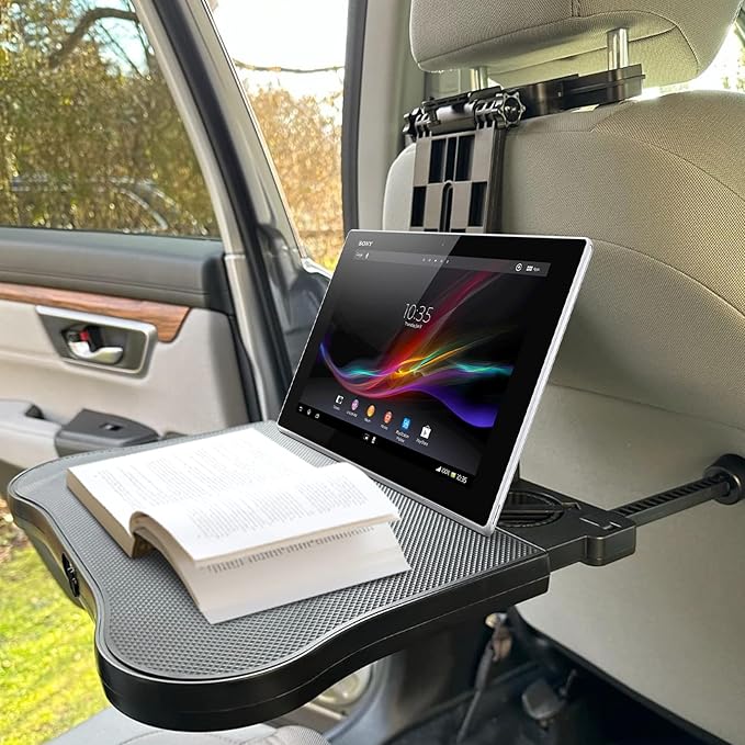 Car Seat Tray Table - Foldable Car Kids Passenger Roadtrip Eating Food Backseat Travel Trays Dinning Working Laptop Desk with Non-Slip Pad/Phone/Tablet Holder