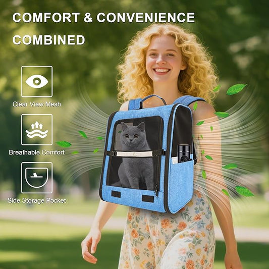 Cat Backpack Carrier with Ventilation Mesh and Safety Leash, Lightweight Dog Travel Backpack with Pockets, Reflective Strip, and Removable Mat,Hiking and Outdoor Use,Blue