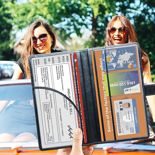 DMLuna Car Registration and Insurance Holder, Leather Vehicle Card Document Glove Box Organizer, Auto Truck Compartment Accessories for Essential Information, Driver License Cards, Black