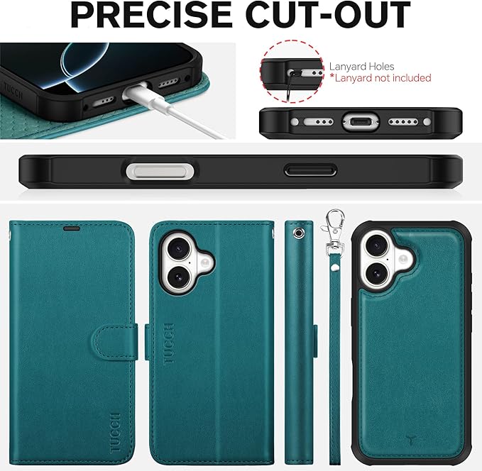 TUCCH 2-in-1 Removable Case Wallet for iPhone 17 (6.3") 2025, Detachable Wrist Strap, 4 Card Holders RFID Blocking, Wireless Charging, Stand, Magnetic, PU Leather Shockproof Folio Cover, Bluish Green