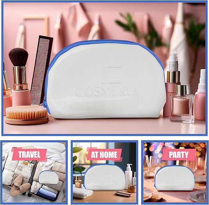 Makeup Bag Organizer & Travel Cosmetic Bag - Toiletry Bag for Women Fits Carry-On and Suitcase - Make Up Faux Patent Leather Pouch with Durable Blue Zipper, Medium