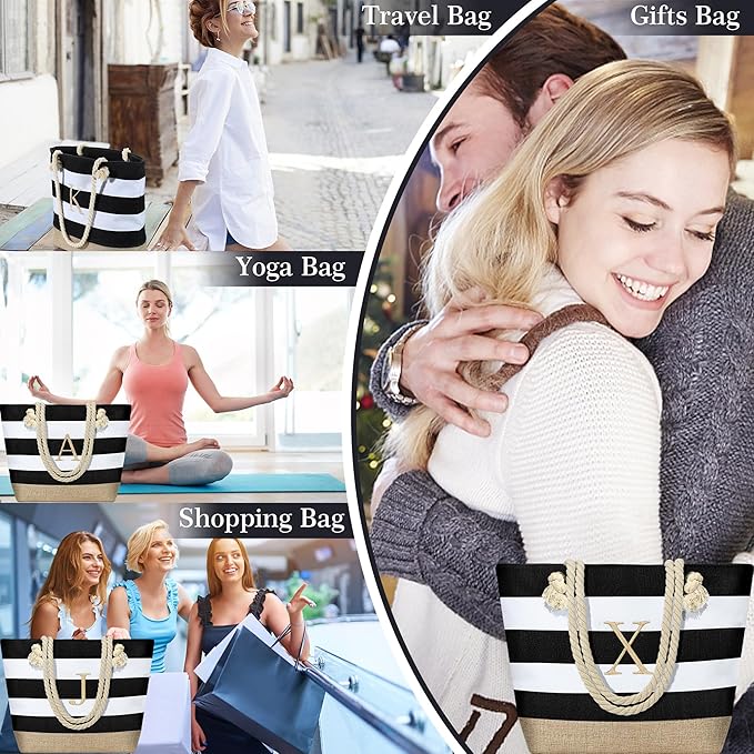 YOOLIFE Initial Canvas Waterproof Beach Tote Bag Zipper Personalized Gifts for Women Her Birthday Travel Beach Essential