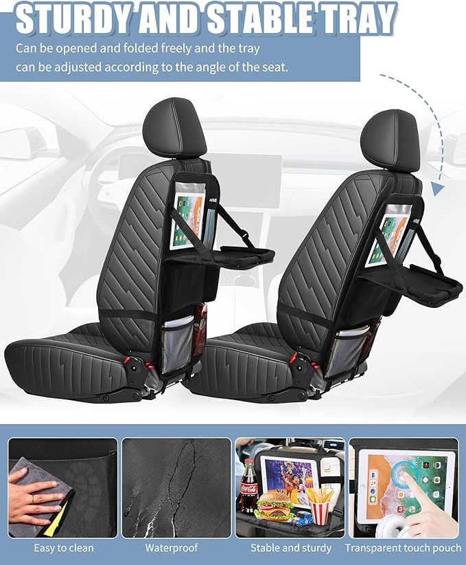 Backseat Car Organizer with Touch Screen Tablet Holder, Storage Pockets, Foldable Food Tray, Kick Mats Back Seat Protector, Travel Accessories for Kids and Adults (Upgraded Rear Organizer-2pcs)