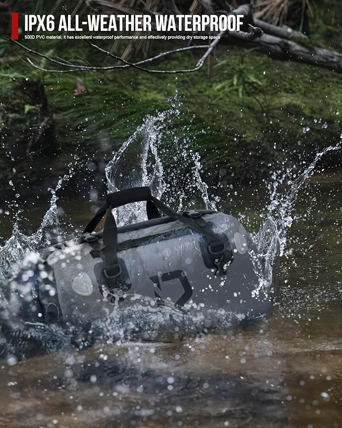 BORLENI Waterproof Motorcycle Dry Duffel Bag Luggage Tail Bag with Large Storage Space,Roll Top Closure, Shoulder Straps, Inner Pocket and Mesh Pocket for Motorcycling Travel Camping (Grey,70L)