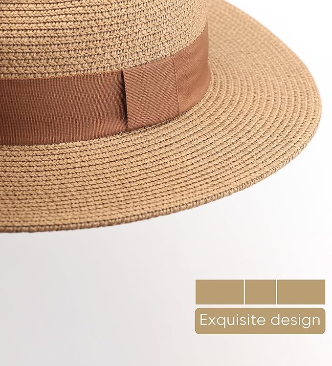 DRESHOW Women Straw Panama Hat Travel Fedora Beach Sun Hat Summer Wide Brim Straw Roll up Hat UPF 50+