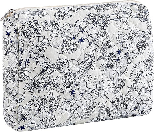 Makeup Bag Travel Cosmetic Bag for Women Girls, Zipper Make Up Pouch, Floral Flowers Toiletry Organizer Makeup, Portable Storage Bag, Cosmetic Travel Cloth Bag (L/Navy Blue Flower)