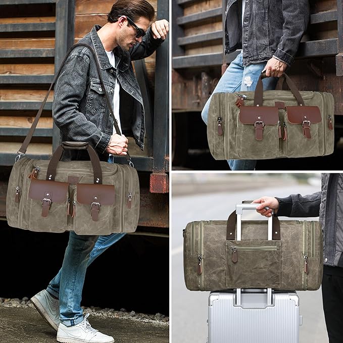 Waxed Canvas Duffle Bag for Men 60L Travel Duffel Bags Expandable Genuine Leather Duffel Overnight Weekender Carry On Bag Two Zipper Pockets Travel Bag (Vintage Grey, X Large-60L)